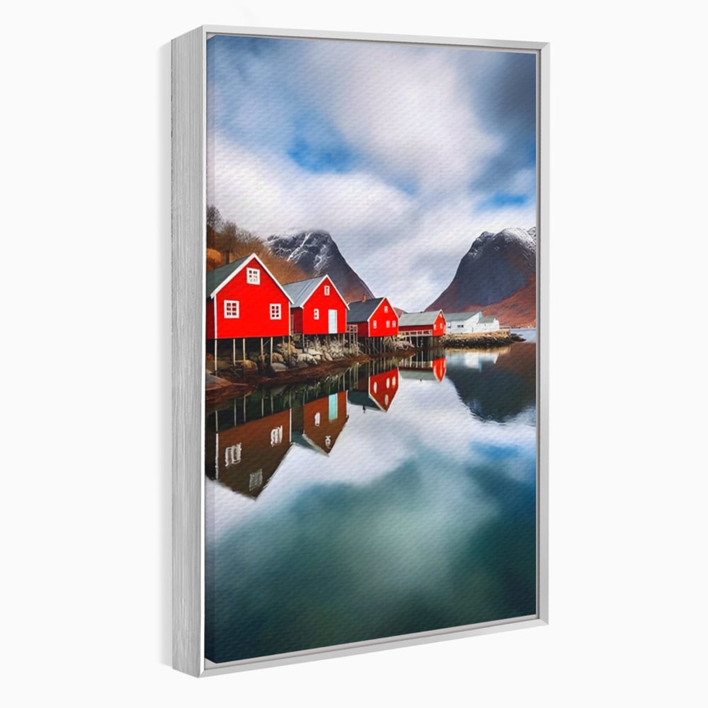 Tablou canvas cu tablou canvas cu cabane rosii, in rama de aluminiu argintiu